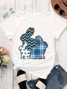 Women's T-Shirt With Rabbit Family Design In Blue Pattern - 白色 - 查看 4
