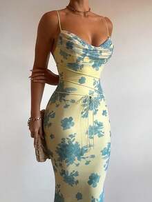 Fitted Dress With Low-Cut Print, Elegant Style Spring 2026 - 黃色 - 查看 5