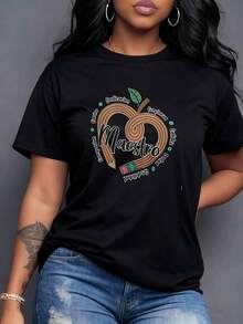 Printed Tribute To The Teacher, Pencil Heart With Apple Leaf, Words Dedication, Trust, Affection, Warmth, Compassion, Loyalty, Kindness, Symbolizing His Essential Work And Impact On Values Formation. Women's T-Shirt, 100% Cotton, Casual Short Sleeve. - 黑色 - 查看 7