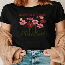 1 Classic And Versatile Piece, Pure Cotton Short-Sleeved T-Shirt With Feminine Floral Print Bloom Where You Are Planted, Modern Style, Suitable For Wearing In Any Season - 黑色 - 查看 2