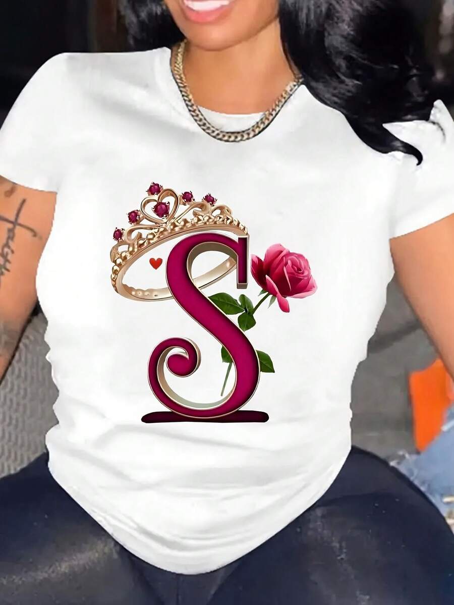 Women's Crew Neck T-Shirt With Lavender And Rose Wreath Print - Casual Short Sleeve Top With Bright Floral Design In Shades Of S And Red, Semi-Sheer, Machine Washable For All Seasons, Lavender Blouses, Elegant Fabric Detail - 白色 - 查看 1