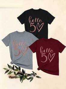 Women's T-Shirts, Women's T-Shirts, Casual One-Piece T-Shirt For Women With Round Neck, Short Sleeves, Letter And Heart Print, Comfortable And Breathable Summer Clothing For Women. - 1件黑色隨機圖案 - 查看 1