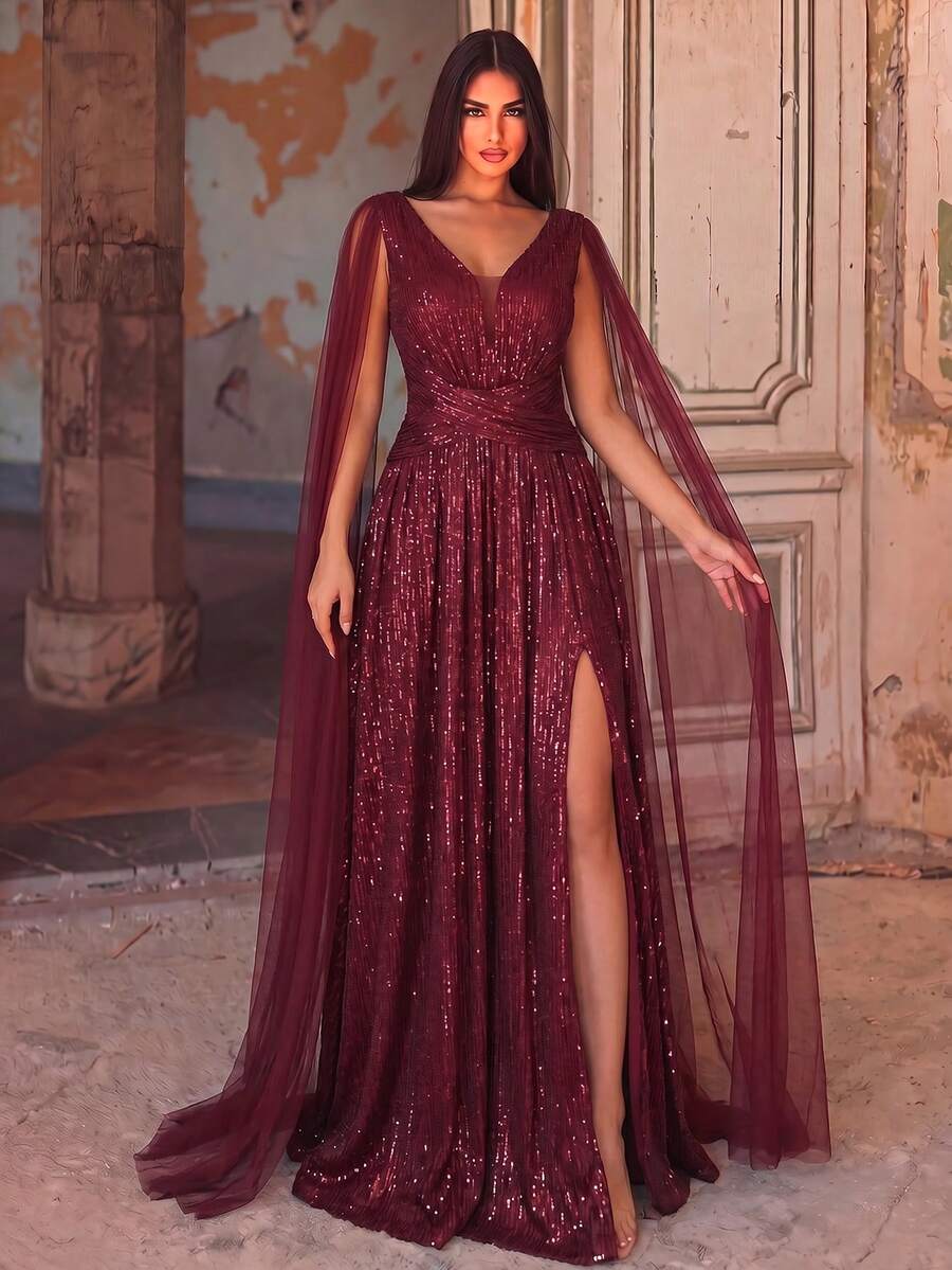 Elegant Deep V-Neck Sequin Formal Party Dress With Cape Sleeves