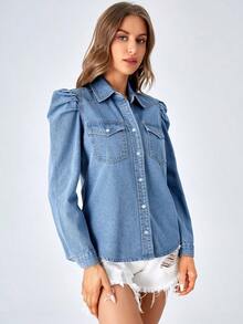 Camisa de mezclilla con mangas gigot y bolsillo con solapa para mujer - Azul lavado medio - Ver 3
