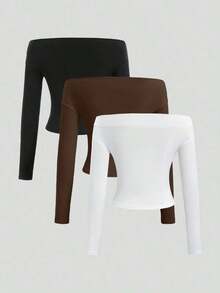 de 3 piezas Blusa corta de manga larga y hombros descubiertos para mujer, cómoda y amigable con la piel, ajuste ceñido - Multicolor 3 - Ver 2