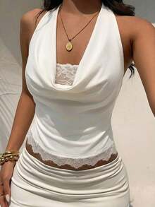 Nuevo Camisol de Mujer con Cuello Halter, Espalda Descubierta y Tirantes con Lazo, Diseño de Encaje y Parches, Adecuado para Vacaciones y Playa - Blanco - Ver 5
