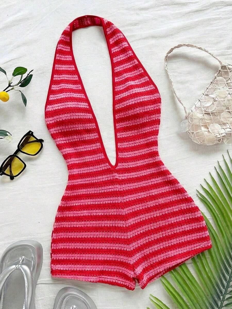 Body sexy de punto blanco con textura y patrón ondulado, escote en V profundo y espalda descubierta para mujer, elegante y ajustado, adecuado para fiestas, citas, té de la tarde, vacaciones boho, playa, atuendo de verano. - Rosa Fucsia - Ver 1
