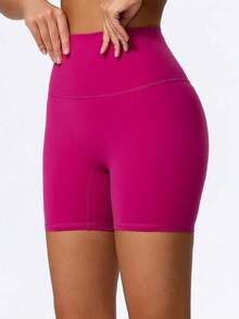 1 pieza Pantalones cortos de yoga elásticos de color nude, adecuados para correr, fitness, ciclismo y otros deportes, pantalones cortos ajustados transpirables y de secado rápido para mujeres en color negro - Rosa Fucsia - Ver 6