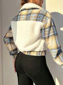 Plaid Print Borg Collar Teddy Jacket Fall Winter Cloth For Women - 白色 - 查看 2