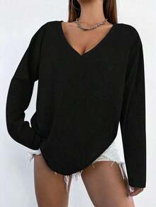 Women's Simple Basic T-Shirt With Deep V-Neck, Off-Shoulder, Long Sleeve, Autumn Sweater - Black - View 4