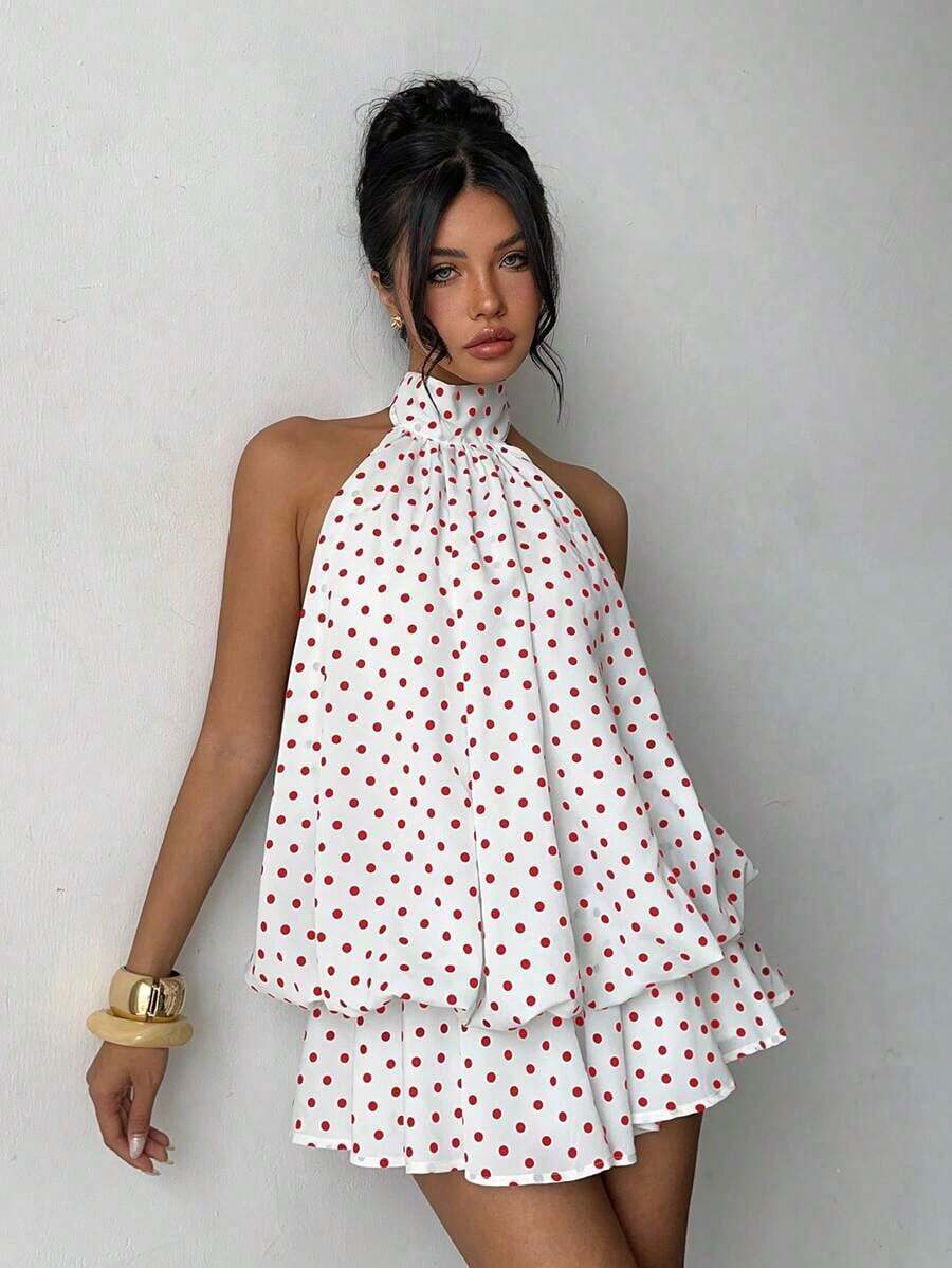 Vestido mini elegante de mujer con estampado de lunares y escote halter sin espalda - Rojo y blanco - Ver 1