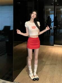 Dopamine Graphic Print Cropped Apple Short Sleeve T-Shirt, Fitted Midriff-Baring Top For Summer White - White - View 11