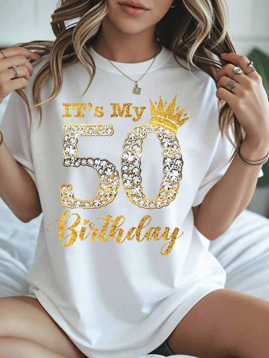 1 Piece "It's My 50th Birthday" T-Shirt For Women With Gold Rhinestone Crown, 50th Birthday Celebration Gift For Her, 50th Anniversary Clothing, 180g 100% Cotton - 白色 - 查看 1