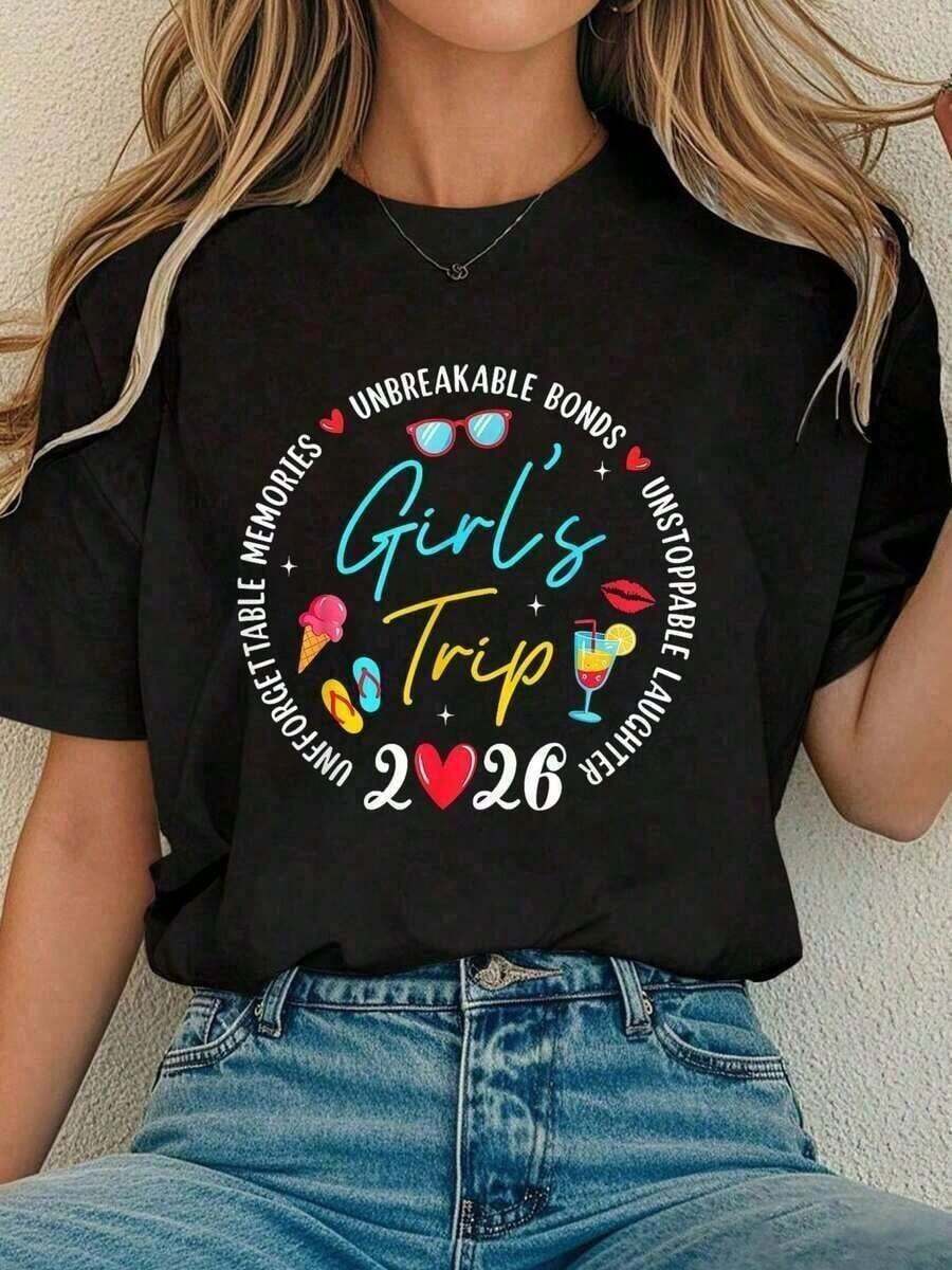 1 pieza de camiseta de algodón de manga corta para mujer, con estampado "Recuerdos del Viaje de las Amigas 2026", estilo retro para vacaciones con amigas, camiseta cómoda de verano, disponible en múltiples tallas, perfecta para regalos navideños - Camiseta unisex de algodón de manga corta y cuello redondo, estilo vintage urbano, 100% algodón. - Negro - Ver 1