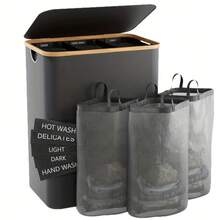 Giỏ đựng quần áo bẩn hai lớp 160L có nắp đậy, kèm 3 túi đựng quần áo, giỏ đựng quần áo bẩn dung tích lớn có nắp đậy, túi bên trong có thể tháo rời, giỏ đựng quần áo bẩn gấp gọn tiết kiệm không gian. - Nhiều màu - Xem 1