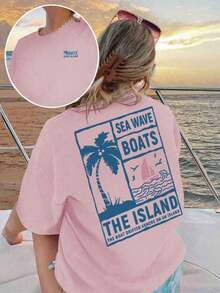 Women's Casual Short-Sleeved T-Shirt With A Round Neck, Palm Tree And Letter Print, Ideal For Summer. Versatile And Fashionable For Everyday And Vacation Style. Graphic Blouses For Women In White, Black, And Pink. - 羅莎 - 查看 5