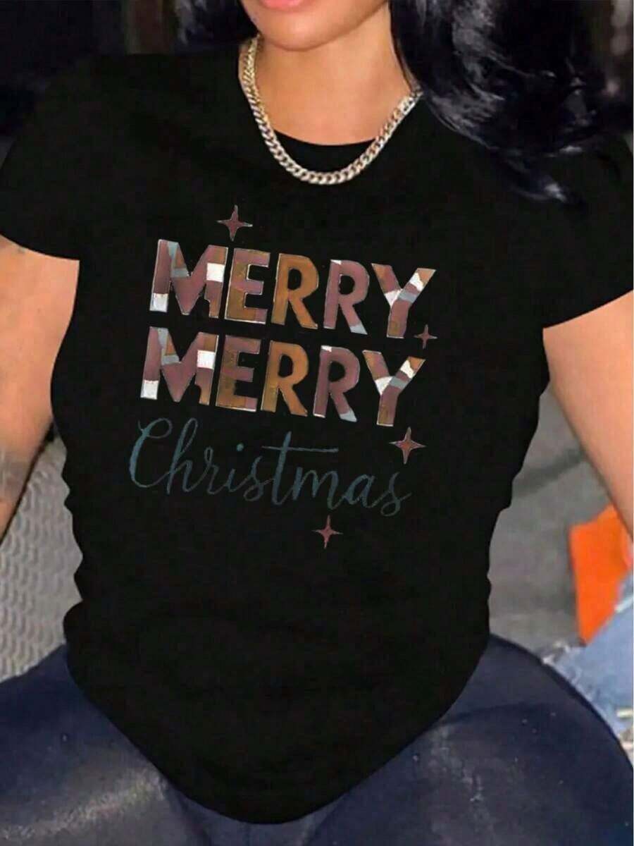 Women's Casual Christmas T-Shirt, Short Sleeve, 1 Piece, 100% Heavy Cotton - Comfortable Round Neck, Soft And Adorable Loose And Comfortable T-Shirts - 黑色 - 查看 1