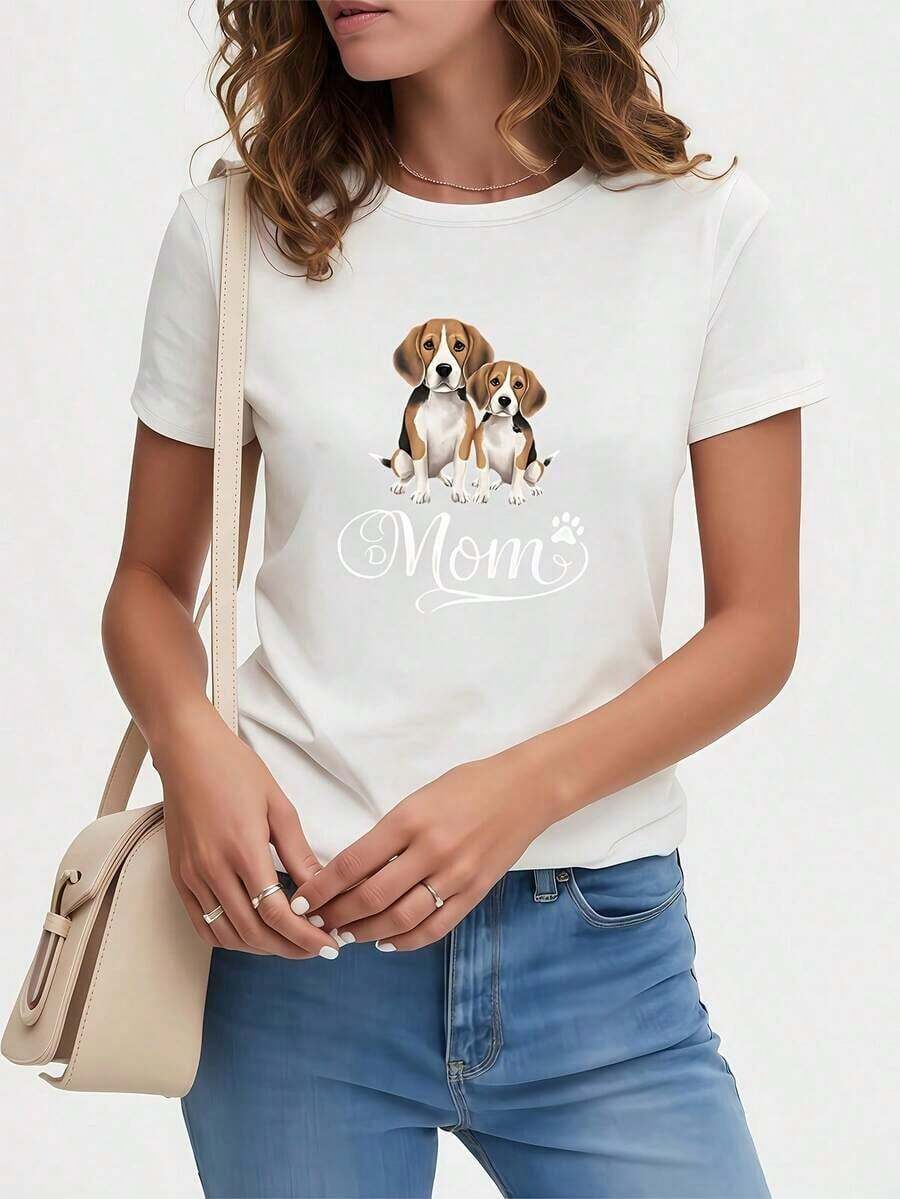 Adorable Beagle Dog Mom Graphic Tee For Women - Casual Short Sleeve Crew Neck Tee, Lightweight And Breathable Fabric, Perfect For Casual Outfits, Mother's Day Gift, Or Everyday Comfort | Playful Graphic Tee | Comfortable Fit - 白色的 - 查看 1