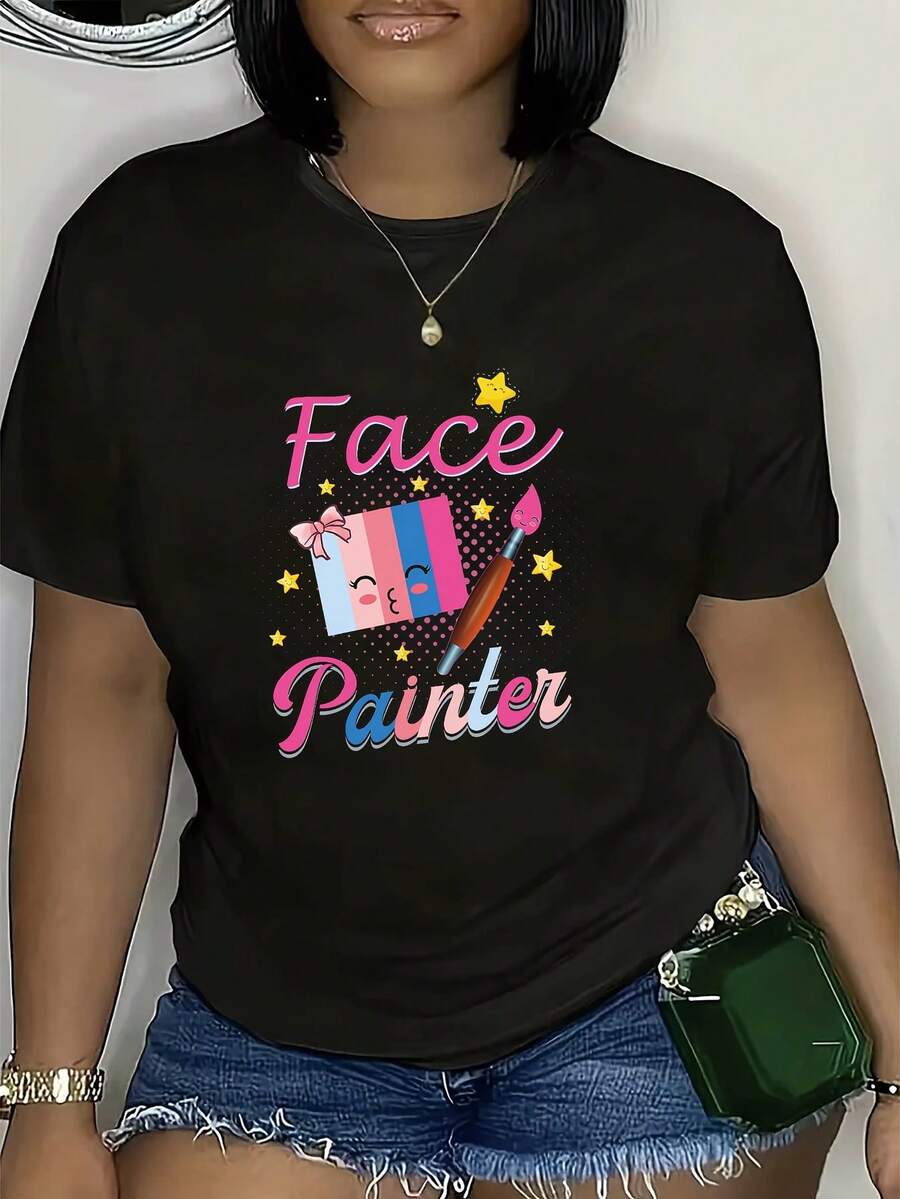 1 Women's Casual Short Sleeve T-Shirt With Painter Print - Summer Top With Round Neck, Fun Paintbrush And Star Design, Breathable Fabric, Machine Washable, Standard Fit, Geometric Pattern T-Shirt, Semi-Transparent Material, Suitable For Daily Wear, Soft Texture, Adult Size, 180g, 100% Cotton. - 黑色 - 查看 1