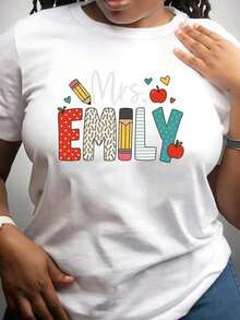 Fashionable Women's T-Shirt, Casual Short Sleeve Women's T-Shirt - Teacher's Day Gift, With Name Design, Colorful Icons And Medium Elasticity Fabric, Machine Washable Educator's T-Shirt, Teacher's Outfit, School Themed Design, Stretch Fabric Top. - 白色的 - 查看 7