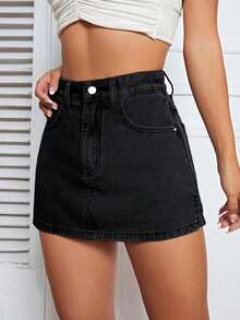 Falda mini de mezclilla lavada casual para mujer, verano - Negro - Ver 4