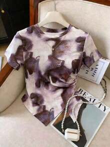 de manga corta con pliegues y bajo asimétrico de unicolor casual para mujer, verano - Multicolor 11 - Ver 5
