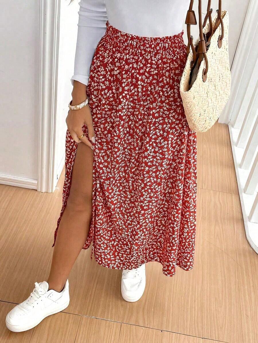 Frenchy Falda larga con abertura y volantes con estampado floral ditsy, casual y de moda para uso diario, vacaciones de verano, color azul floral, para resort - Rosa Roja - Ver 1