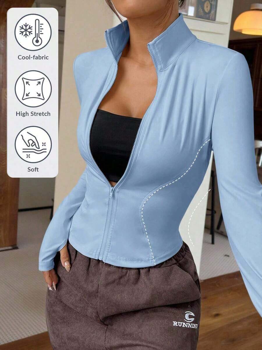 Chaqueta de manga larga de punto ajustada con protección solar para mujer en otoño/invierno, color albaricoque - Celeste - Ver 1