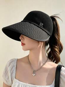 1pc Women's Solid Color Knitted Wide Brim Sun Hat, Breathable Mesh Top For Ventilation, Suitable For Outdoor Activities, Spring/Summer - A - View 6