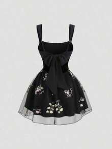 Vestido de lentejuelas elegante para niña, diseño de línea A, cintura ceñida, ajuste delgado, estilo romántico francés, acento de lazo, verano - Negro - Ver 12