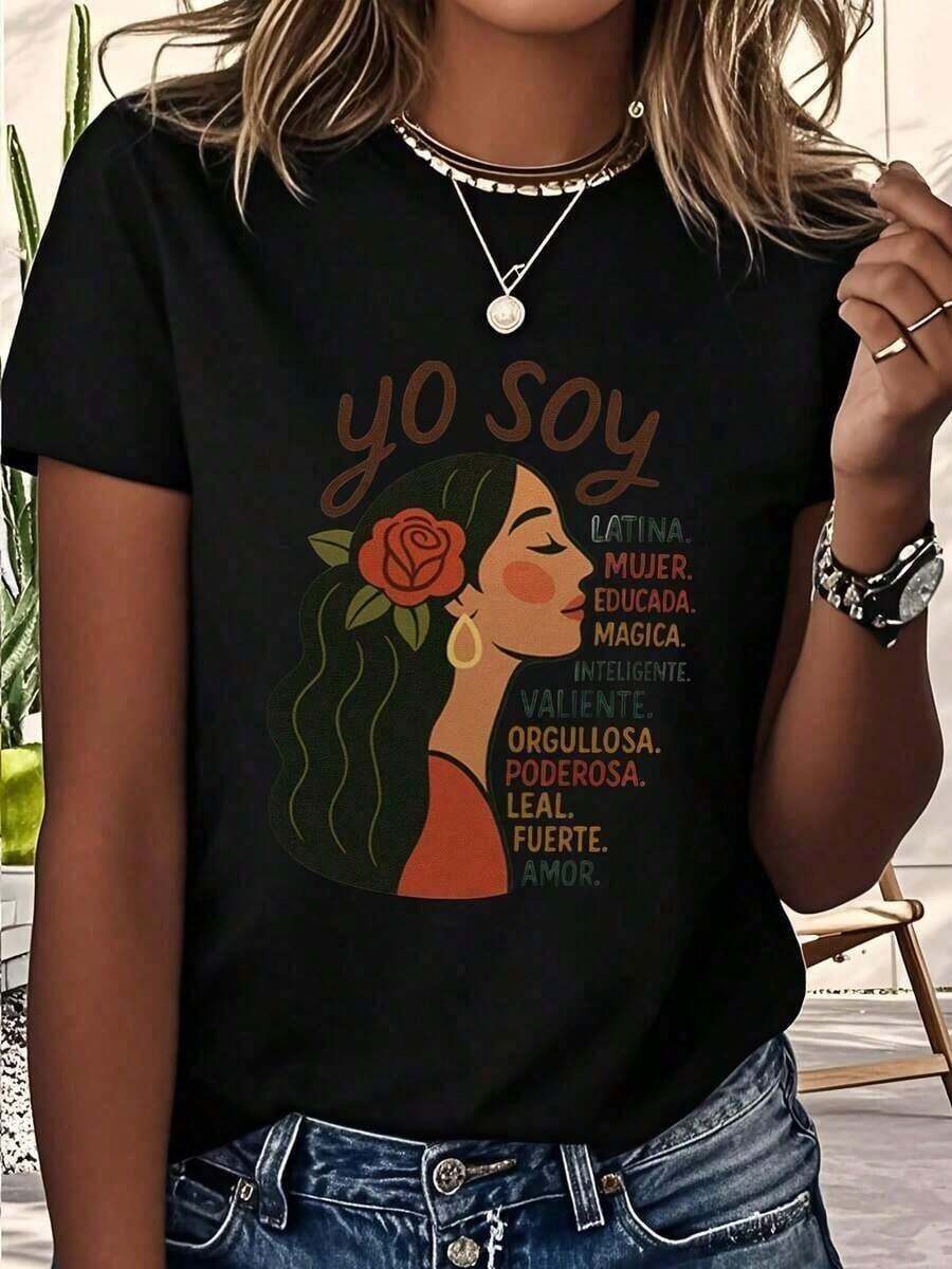 Comfortable1 camiseta cultural mexicana, americana, hispana y latina - Ropa casual y cultural para mujer - Perfecta para el Mes de la Herencia Latina y eventos latinos - Camiseta con estampa - Negro - Ver 1