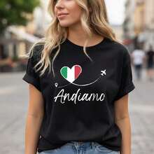 Nueva y moderna camiseta de algodón para mujer con estampado de viajes italianos, cuello redondo y manga corta, estilo casual, con el patrón de la bandera en forma de corazón "Andiamo", tela transpirable y suave, adecuada para vacaciones y uso diario, también es un regalo ideal para los amantes de los viajes - camiseta unisex de algodón, estilo vintage urbano, corte holgado, cuello redondo y manga corta. - Negro - Ver 8