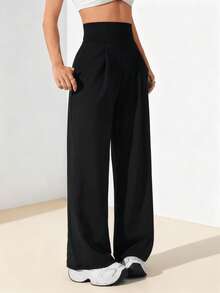 Women's Black Polyester High Stretch Wide Leg Long Pants For Casual & Party Wear, Stylish And Comfortable Fashion Trousers. - 黑色 - 查看 2