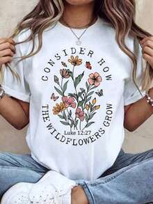 Camiseta de Cuello Redondo para Mujer con Estampado Floral y Versículo Bíblico "Considera Cómo Crecen las Flores Silvestres", Manga Corta, Estilo Casual de Verano - Blanco - Ver 1