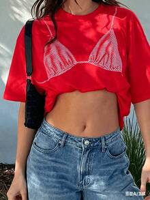 Conjunto para el Día de la Madre, Tops Cortos, Camiseta de Fútbol para Mujer, Camiseta de Béisbol, Tops de Verano para Mujer, Moda Coreana, Tops Vintage para Mujer, Sunshine And Smile, 100% Algodón, Camiseta Casual de Manga Corta con Cuello Redondo para Mujer, Estampado de Bikini Blanco, Camiseta de Algodón Transpirable, Combina con Todo, Top con la Bandera Americana para el Día de los Caídos, Tops Bonitos para Mujer, Ofertas de , Vestidos Casuales de Fiesta, Vestidos Suaves para Mujer de Verano - Rojo - Ver 6