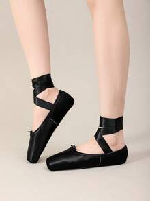 Sepatu Balet Pointe Satin Perunggu Wanita dengan Pita Terbungkus, Sepatu Dansa Datar dengan Sol Karet untuk Olahraga Dalam/Luar Ruangan, Perlindungan Jari Kaki, Pertunjukan Dansa Profesional, Nyaman dan Ringan - Hitam - View 3