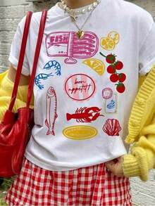 ropa de mujer Camiseta de algodón de manga corta con cuello redondo y estampado divertido de peces, ropa casual de verano, camisas de mujer - Blanco - Ver 1