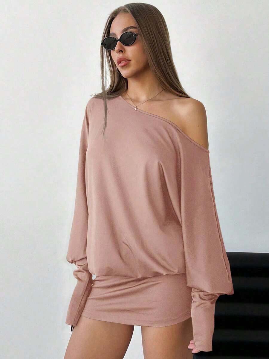 Vestido corto y ajustado de manga larga, asimétrico y sexy para mujer, para festivales de música y estilo streetwear moderno - Marrón Mocha - Ver 1
