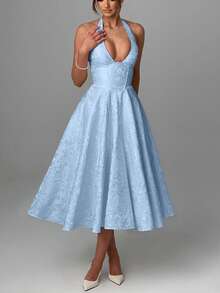 Vestido sin mangas con cuello en V y diseño texturizado elegante para fiesta - Azul - Ver 3