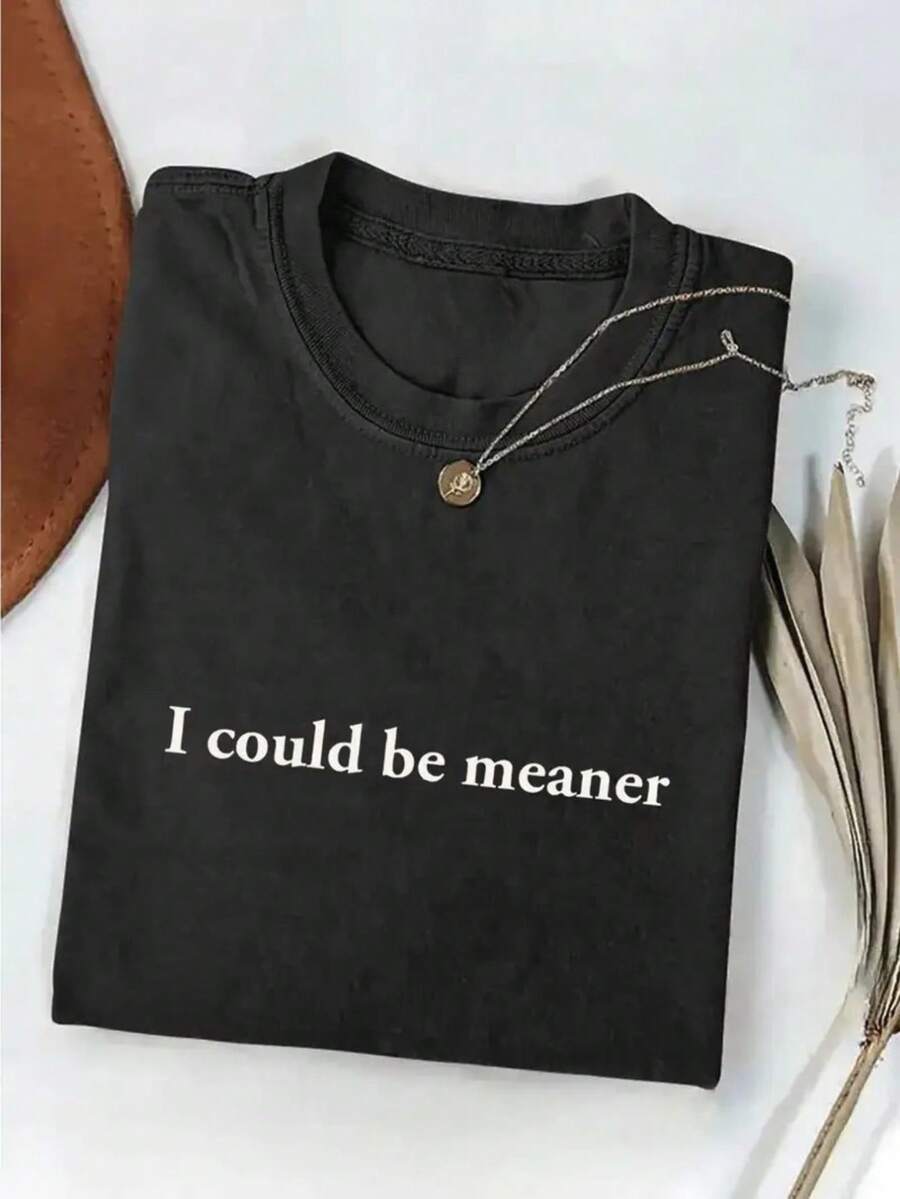 Men's Vintage Cotton T-Shirt - Bold "I Could Be Meaner" Graphic Tee, Loose Fit Crewneck Shirt In Dark Colors For Gym, Everyday & Year-Round Wear - Machine Washable Casual Top, Gym Apparel, Durable Casualwear - 黑色 - 查看 1