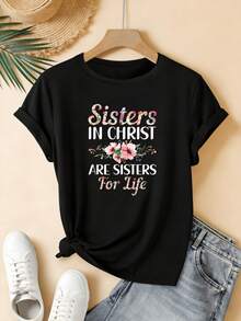 Plus Size Women's T-Shirt, Round Neck, Short Sleeve, With Floral Print "Sisters In Christ Are Sisters For Life", Christian Statement Of Faith, Casual Wear, Summer Outfit - 黑色 - 查看 1