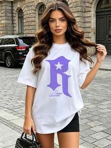 Women's Summer Casual Soft Round Neck Short Sleeve T-Shirt,The Star Letter R Print Graphic Is Suitable For Daily Wear In Spring And Summer.White - White - View 2