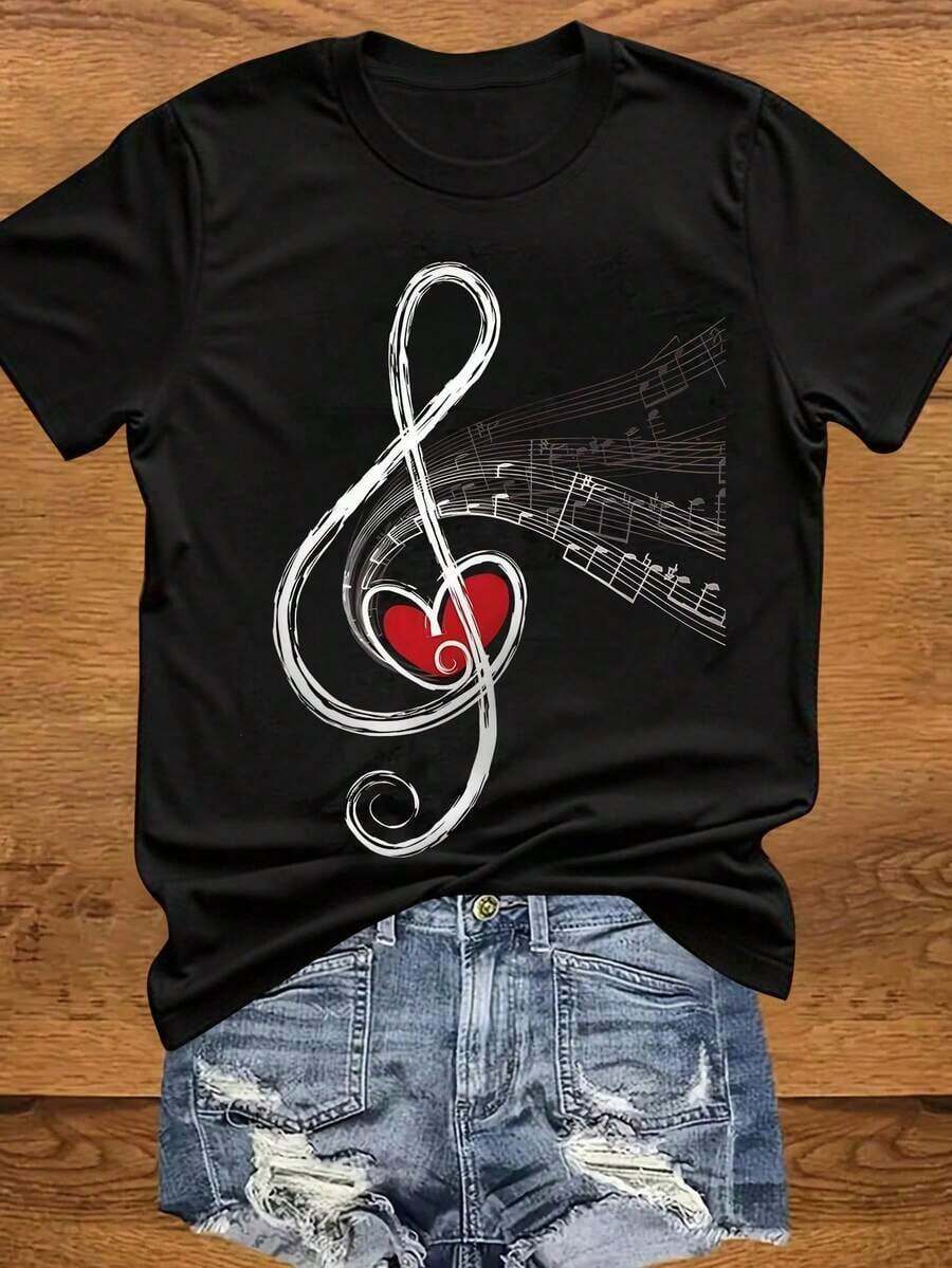 Women's T-Shirt With Round Neck, Musical Notation Print, Instrument Art And Heart For Music Festival - 黑色 - 查看 1