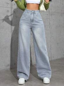 Jeans de pierna ancha de unicolor, versátiles y casuales con bolsillos para mujer - Gris 3 - Ver 4
