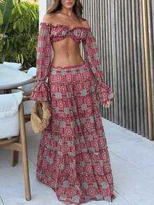 Women's European And American Style Outfit: Off-The-Shoulder Printed Crop Top + Casual And Sensual Long Skirt - 圖片色 - 查看 9