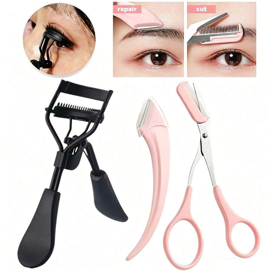 Bộ dụng cụ chăm sóc lông mày và lông mi 3 món - Kẹp uốn mi, dao cạo và kéo để tạo kiểu lông mày và lông mi hoàn hảo.