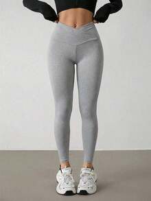 Pantalones ajustados elásticos de cintura en V de color sólido para mujer  PETITE - Gris Claro - Ver 7