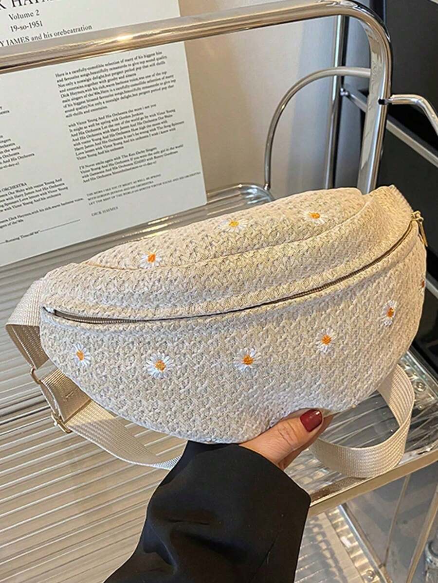 女款春夏時尚極簡草編斜挎胸包,日常必備,不對稱隨機花卉圖案 - 卡其色 - 查看 1