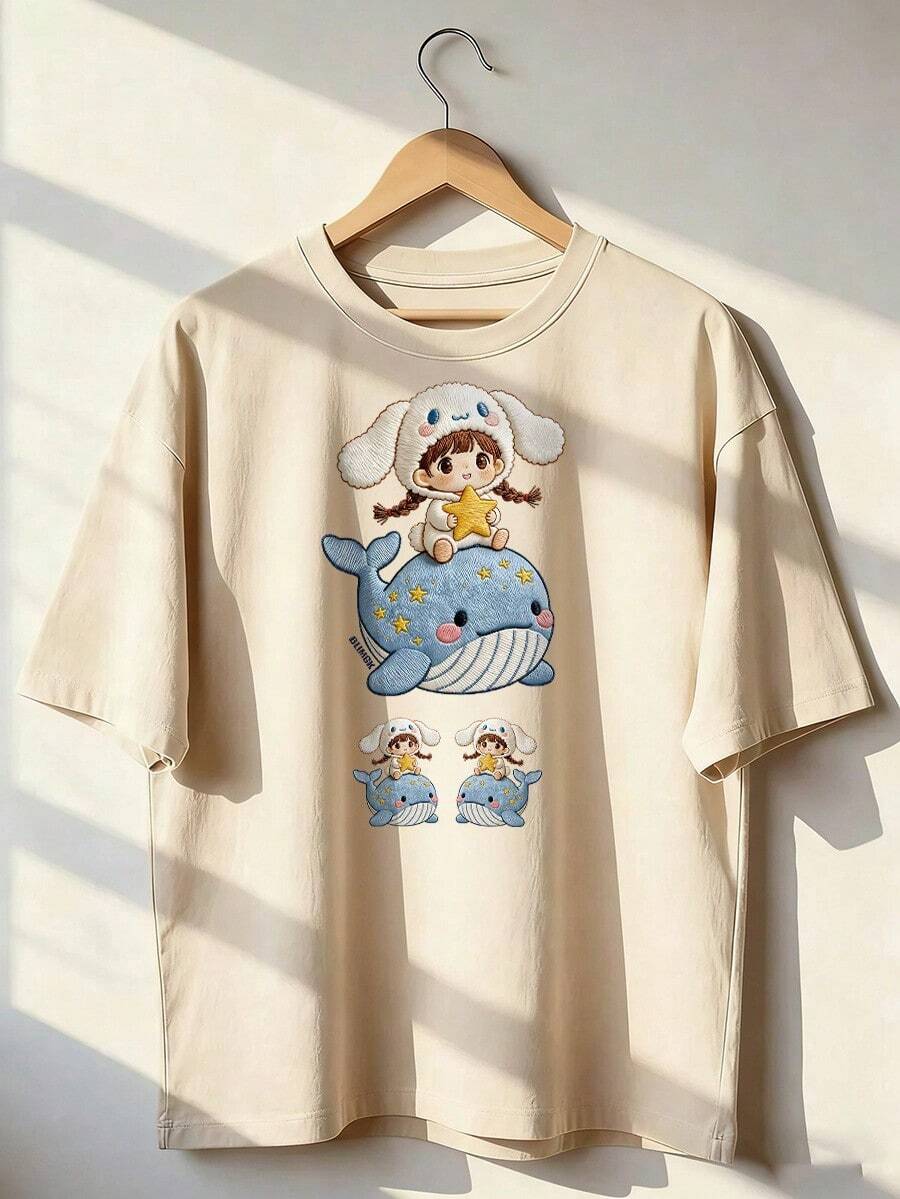 Girl And Blue Whale T-Shirt, Fashionable Short-Sleeved T-Shirt For Spring And Summer 2026, Made In Mexico, 180 Grams. Cartoon Print, Couple Design, Suitable For Indoor Or Outdoor Wear. Crew Neck, Unisex, Ideal For Office And Leisure. One-Pack. - APR-P631577SLNDXZGY556 - 查看 1