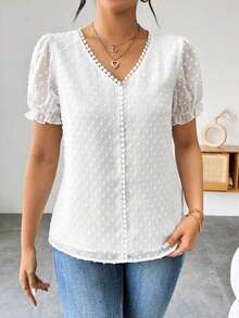 Blusa de escote en V con jacquard, blusas de manga corta - Blanco - Ver 3